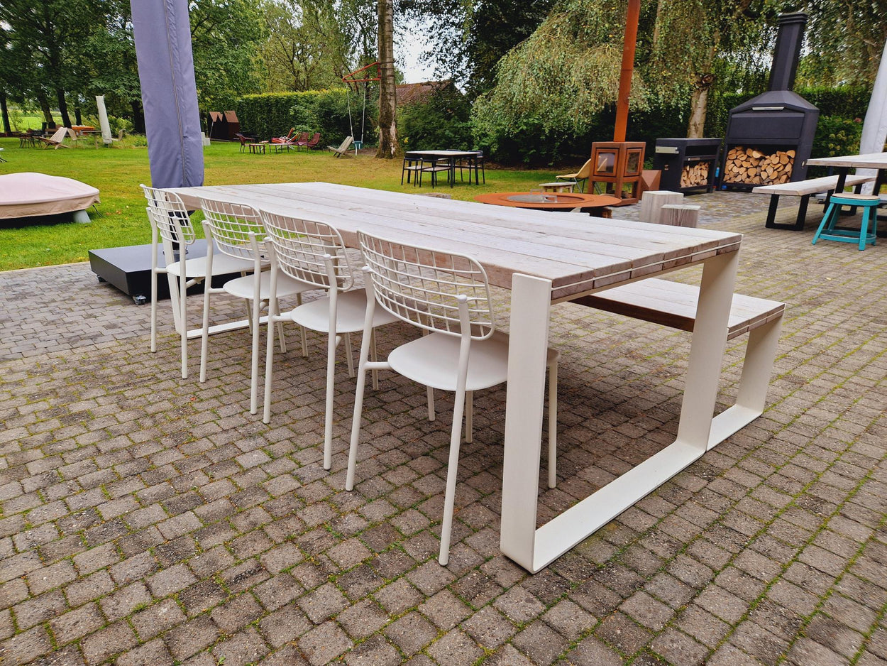 Set Str'8 Table 240cm + 4x Lyze chair aluminium + Str'8 Three bench - White / 4x kussen Lyze